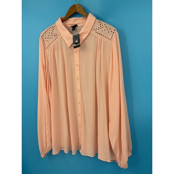 Torrid Madison Washable Gauze Crepe Embroidered Long Sleeve Shirt Pink 4X NEW - Picture 2 of 7